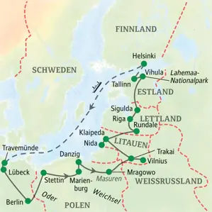 Karte der Studiosus Studienreise von Berlin über Danzig, Vilnius, Riga und Tallinn nach Helsinki und mit der Fähre zurück.