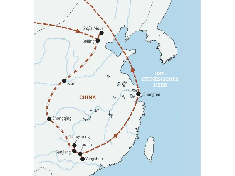Karte der geführten Rundreise durch China: Die Route führt von Beijing über Xian, Chongqing und Guilin bis nach Shanghai.