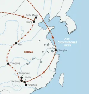 Karte der geführten Rundreise durch China: Die Route führt von Beijing über Xian, Chongqing und Guilin bis nach Shanghai.