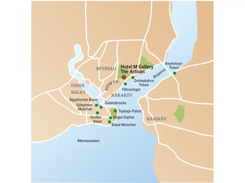 Karte der Studiosus Studienreise in Istanbul: Lage des Hotels und der Sehenswürdigkeiten wie Hagia Sophia, Topkapi-Palast und Bosporus.