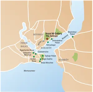 Karte der Studiosus Studienreise in Istanbul: Lage des Hotels und der Sehenswürdigkeiten wie Hagia Sophia, Topkapi-Palast und Bosporus.