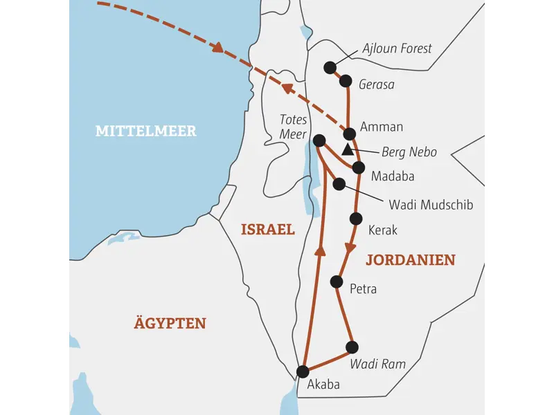 Übersichtskarte der Marco Polo YOUNG LINE TRAVEL Rundreise in Jordanien von Amman über Gerasa, das Tote Meer, Petra und Wadi Ram nach Akaba.