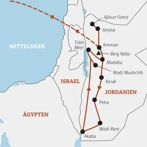 Übersichtskarte der Marco Polo YOUNG LINE TRAVEL Rundreise in Jordanien von Amman über Gerasa, das Tote Meer, Petra und Wadi Ram nach Akaba.