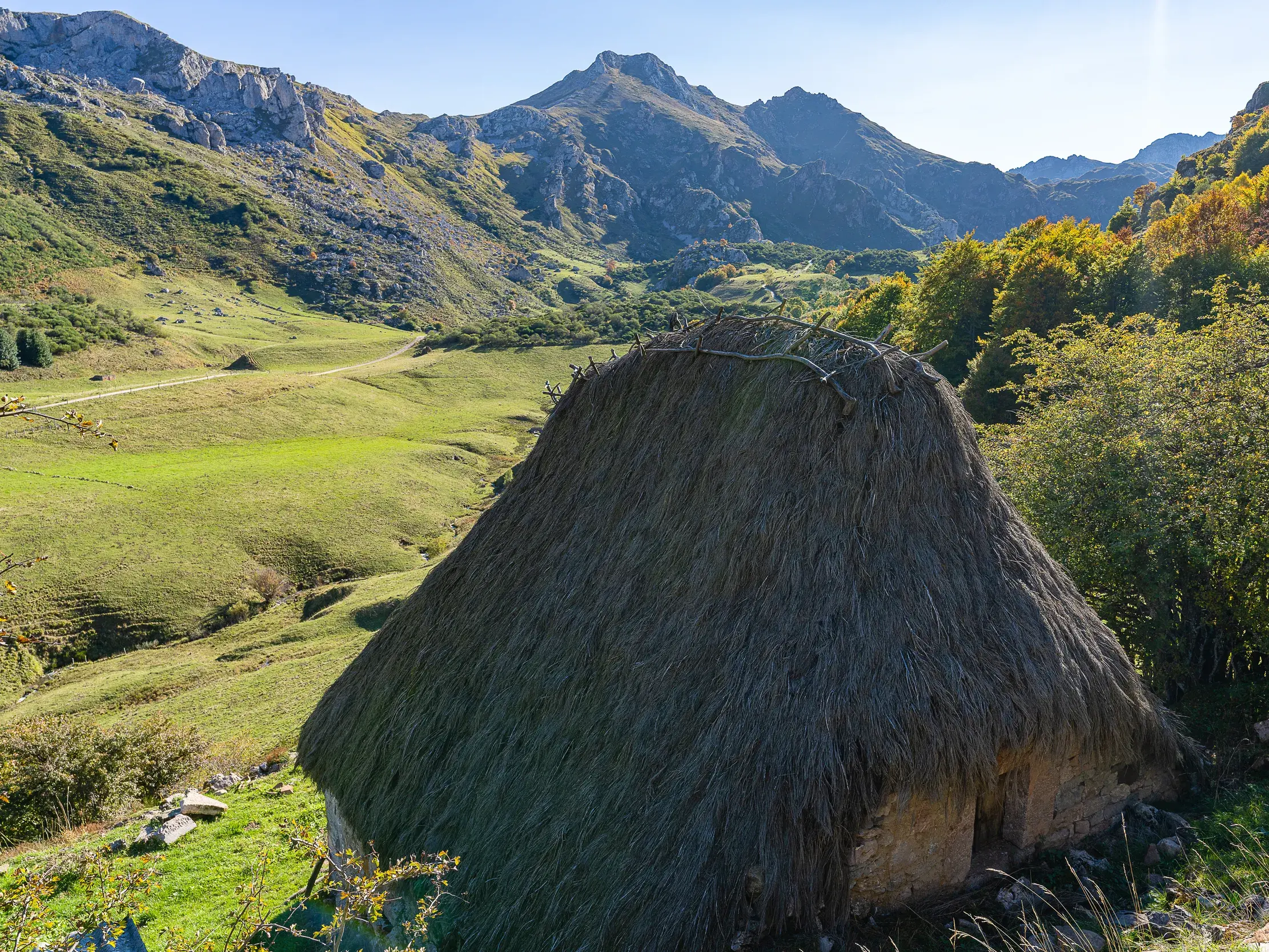 Eine traditionelle Teito-Hütte mit Reetdach vor der Kulisse der grünen Berge im Naturpark Somiedo in Asturien.