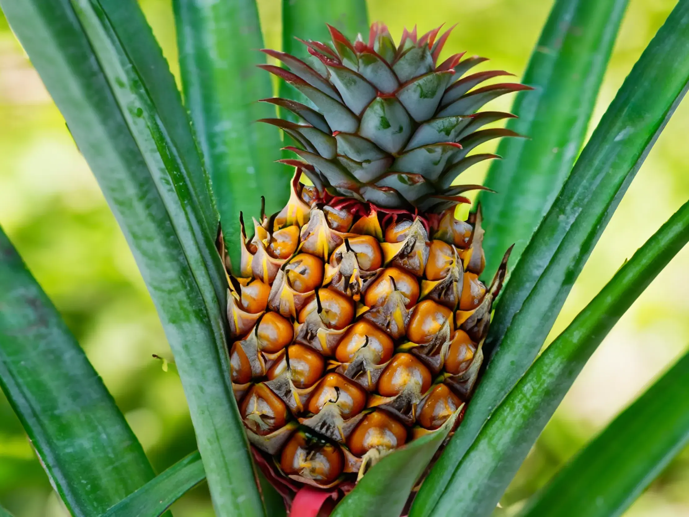 Nahaufnahme einer saftigen Azoren-Ananas, die auf einer Plantage in Faja de Baixo auf der Insel Sao Miguel wächst.