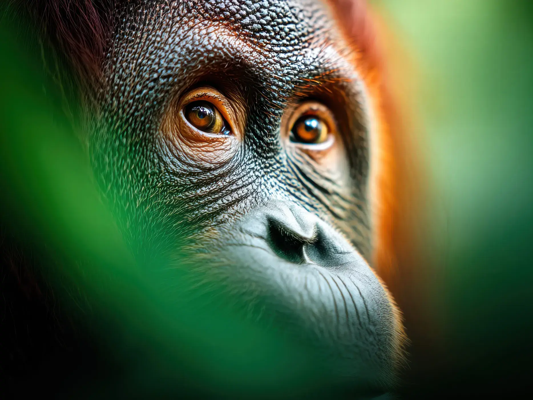 Nahaufnahme vom nachdenklichen Gesicht eines Orang-Utans, der im Semenggoh Nature Reserve auf Borneo durch Blätter blickt.