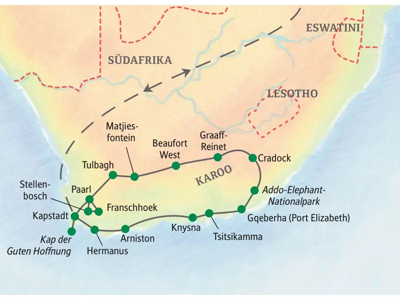 Karte der Studiosus Studienreise in Südafrika: von Kapstadt durch die Winelands, die Karoo und entlang der Gartenroute.