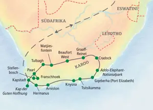 Karte der Studiosus Studienreise in Südafrika: von Kapstadt durch die Winelands, die Karoo und entlang der Gartenroute.