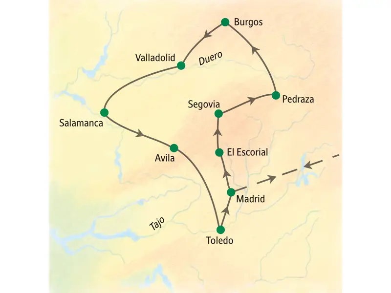 Reiseroute unserer Studienreise in Kastilien: von Madrid über Segovia, Burgos, Salamanca, Avila und Toledo zurück nach Madrid.