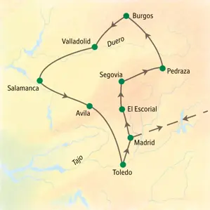 Reiseroute unserer Studienreise in Kastilien: von Madrid über Segovia, Burgos, Salamanca, Avila und Toledo zurück nach Madrid.