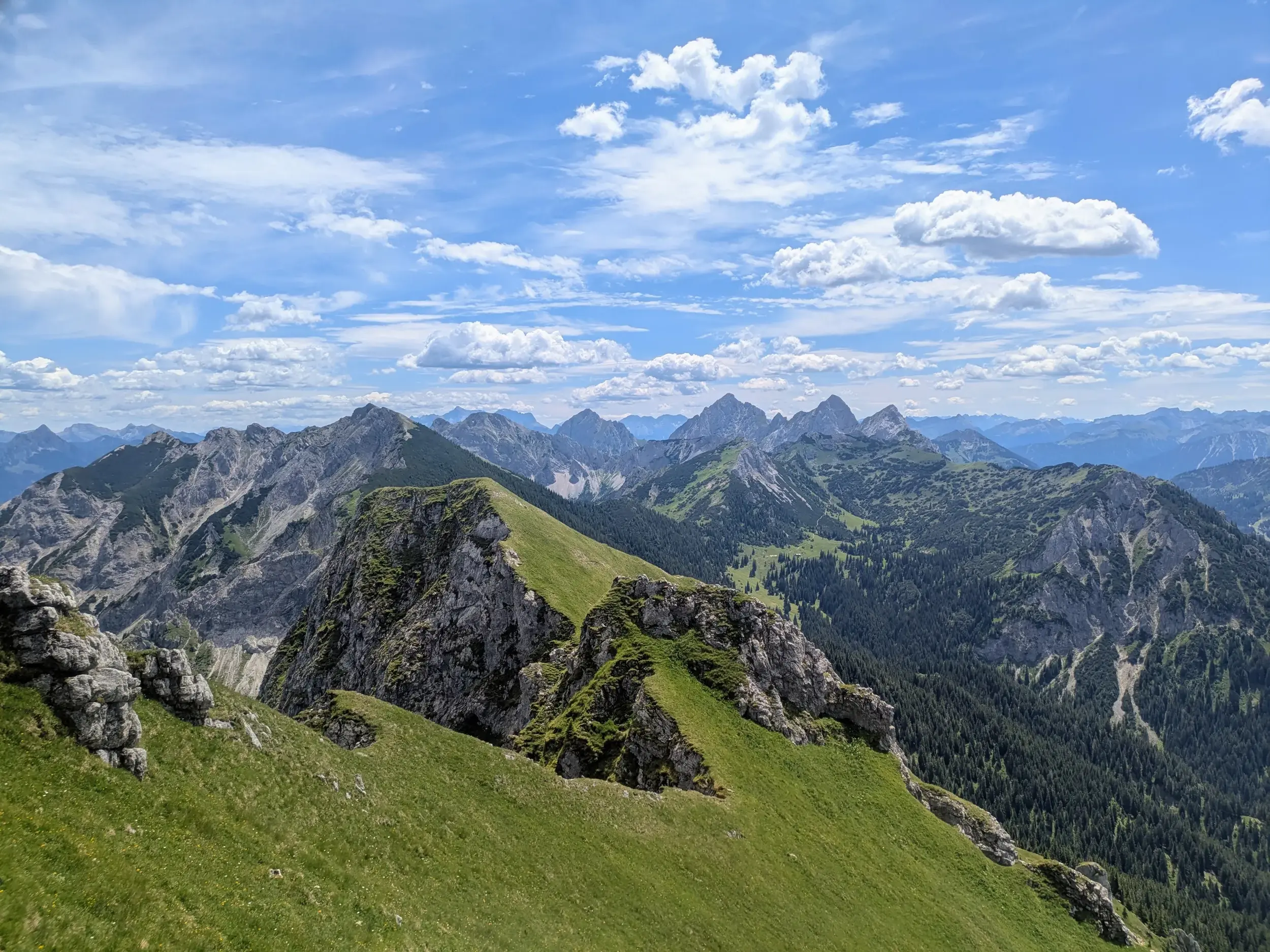 Ein grüner Berggrat im Ostallgäu führt den Blick auf das Panorama der Tannheimer Berge und Ammergauer Alpen.