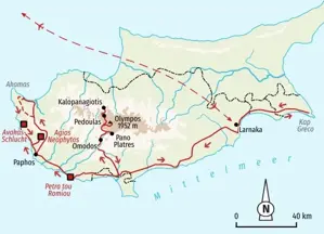 Karte der Wanderreise auf Zypern: Die Route führt von Paphos über Omodos und den Olympos im Troodos-Gebirge bis nach Larnaka.