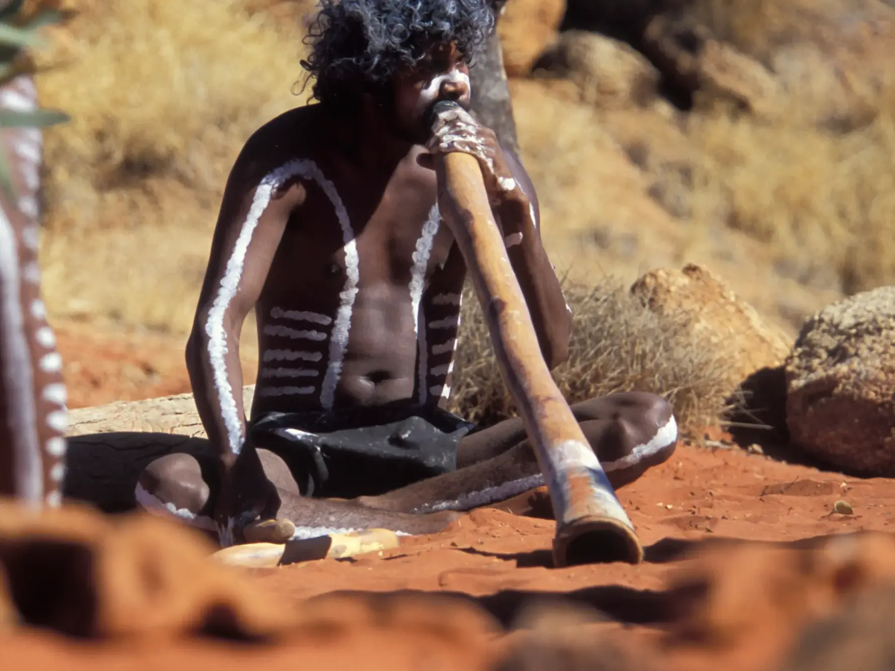 Ein Aboriginal mit traditioneller weißer Körperbemalung sitzt im roten Sand des Outbacks und spielt auf einem Didgeridoo.