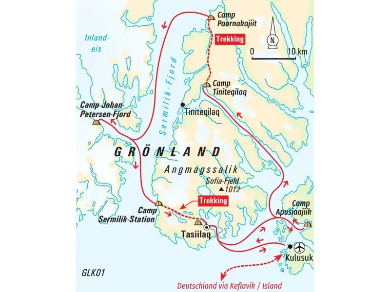 Reiseroute der Trekkingreise in Ostgrönland, die von Kulusuk über Tasiilaq, entlang des Sermilik-Fjords zu den Camps führt.