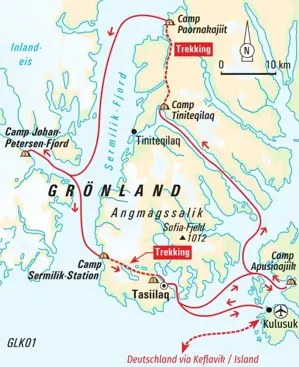 Reiseroute der Trekkingreise in Ostgrönland, die von Kulusuk über Tasiilaq, entlang des Sermilik-Fjords zu den Camps führt.