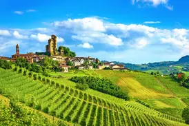 Das Castello di Serralunga d'Alba thront über einem Dorf inmitten der grünen, sonnigen Weinberge der Langhe im Piemont.