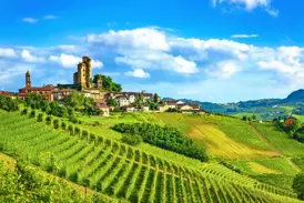 Das Castello di Serralunga d'Alba thront über einem Dorf inmitten der grünen, sonnigen Weinberge der Langhe im Piemont.