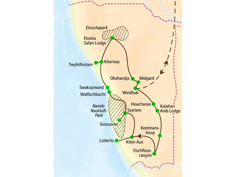 Karte unserer Studienreise durch Namibia. Die Route startet in Windhuk und führt zum Fischflusscanyon, nach Sossusvlei und zum Etoschapark.