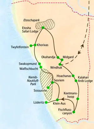 Karte unserer Studienreise durch Namibia. Die Route startet in Windhuk und führt zum Fischflusscanyon, nach Sossusvlei und zum Etoschapark.