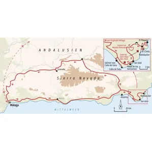 Routenkarte der Hauser Wanderreise in Andalusien, die von Málaga über den Naturpark Cabo de Gata und Granada verläuft.