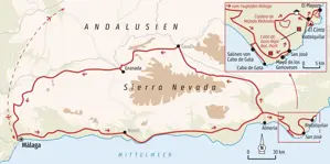 Routenkarte der Hauser Wanderreise in Andalusien, die von Málaga über den Naturpark Cabo de Gata und Granada verläuft.