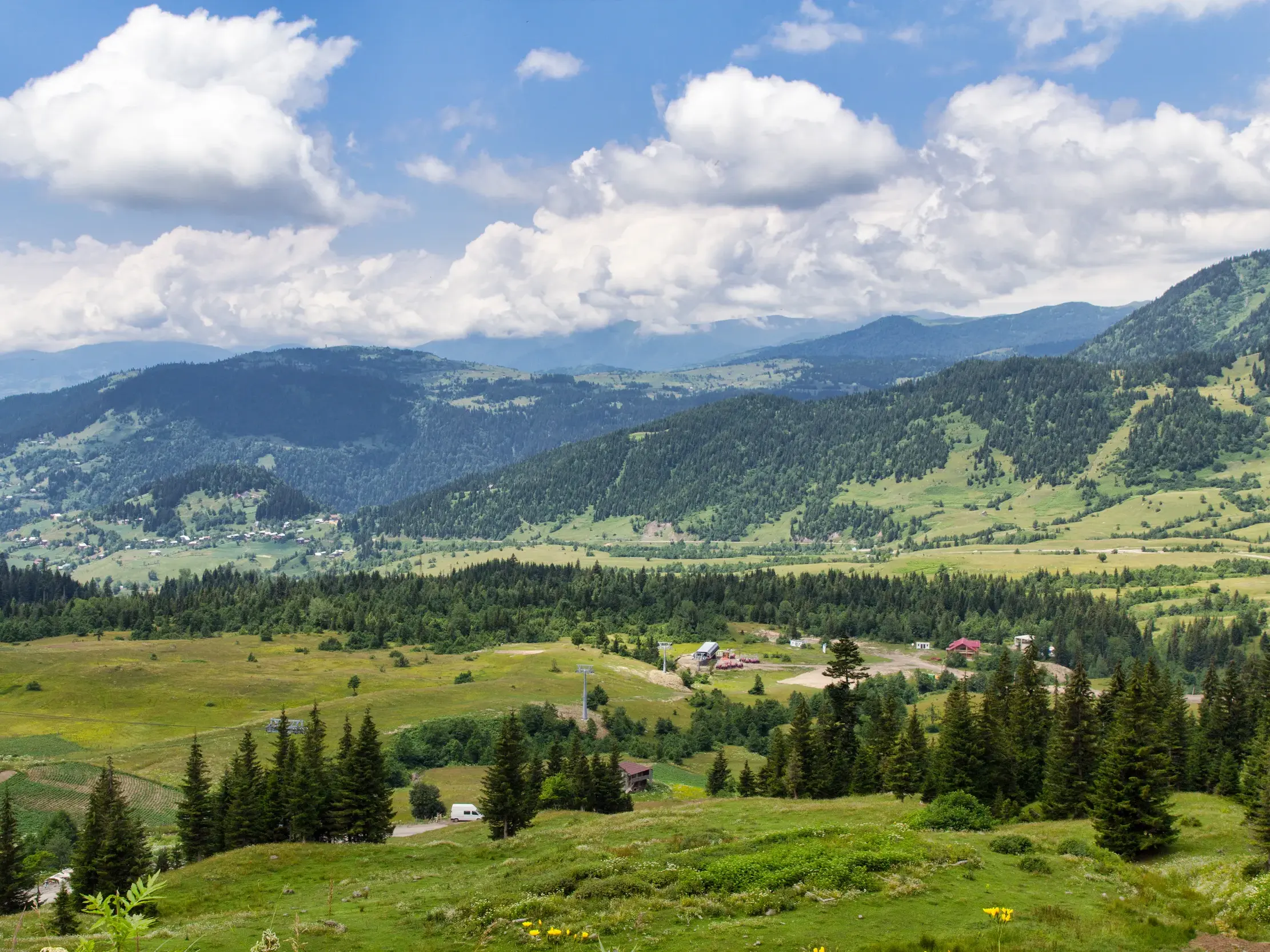 Weitblick über saftig grüne Hügel und bewaldete Täler am Goderdzi-Pass im Kleinen Kaukasus in Georgien.