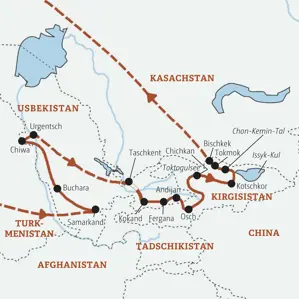 Karte der Kleingruppenreise in Usbekistan und Kirgisistan. Die Route führt von Samarkand über Buchara und Chiwa nach Bischkek.