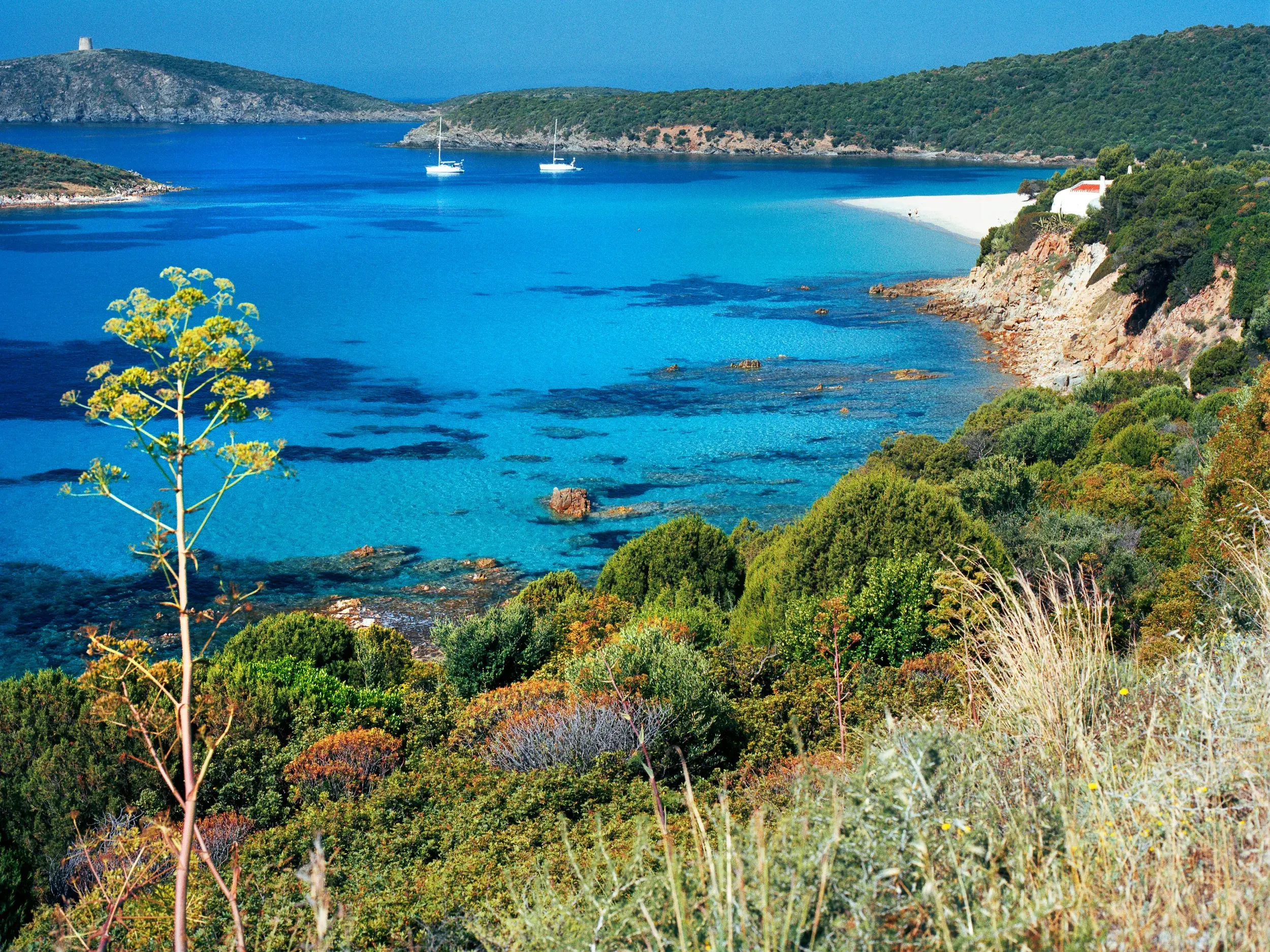 Zwei Segelboote ankern in einer Bucht mit türkisblauem Wasser vor einem Sandstrand an Sardiniens Costa Smeralda.