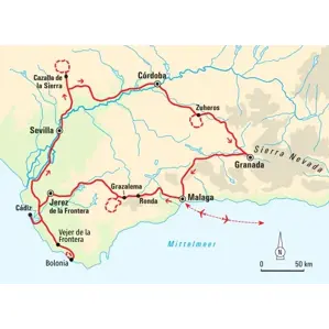 Karte der Wanderreise durch Andalusien: Die Rundreise führt von Málaga über Ronda, Sevilla, Córdoba und Granada.