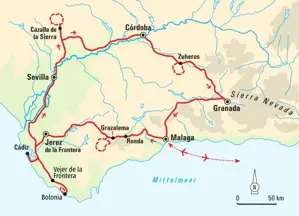 Karte der Wanderreise durch Andalusien: Die Rundreise führt von Málaga über Ronda, Sevilla, Córdoba und Granada.