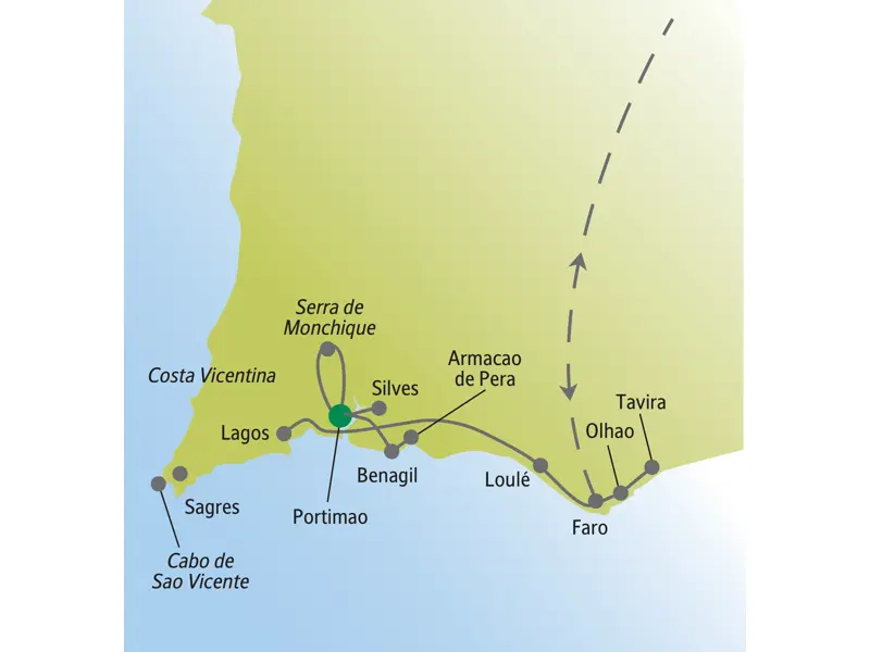 Karte der Studiosus Wanderreise an der Algarve mit Route von Portimao nach Lagos, Sagres, Silves, Serra de Monchique und Tavira.