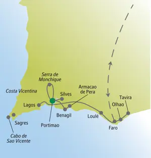 Karte der Studiosus Wanderreise an der Algarve mit Route von Portimao nach Lagos, Sagres, Silves, Serra de Monchique und Tavira.