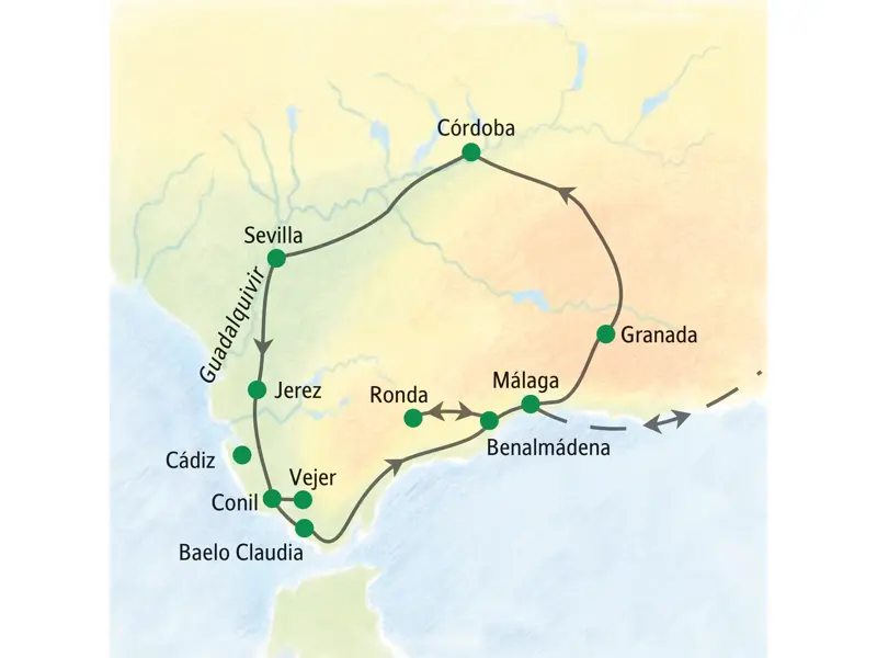 Karte der Studiosus-Studienreise durch Andalusien von Málaga über Granada, Córdoba, Sevilla, Jerez, Conil und Ronda.