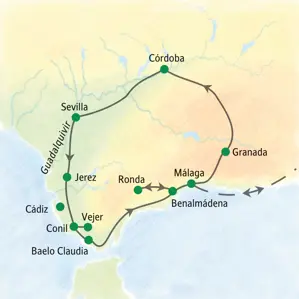 Karte der Studiosus-Studienreise durch Andalusien von Málaga über Granada, Córdoba, Sevilla, Jerez, Conil und Ronda.