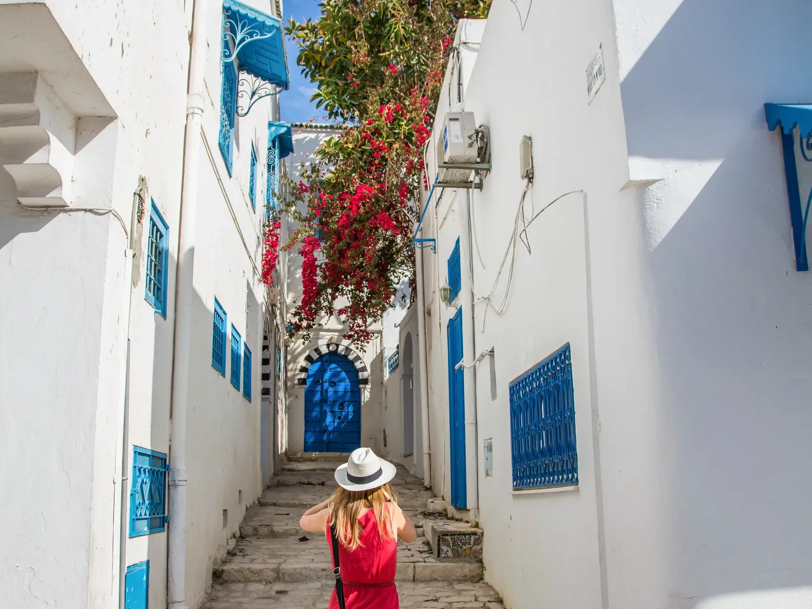 Reisende in einer weiß-blauen Gasse mit roter Bougainvillea im Künstlerdorf Sidi Bou Said