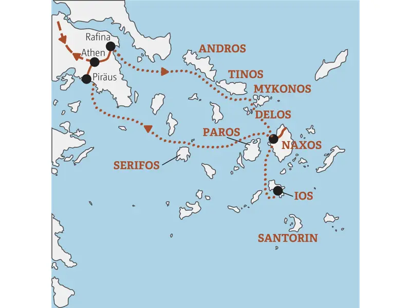 Reiseroute der Gruppenreise für junge Leute in Griechenland: von Athen über die Kykladen-Inseln Naxos und Ios und zurück.
