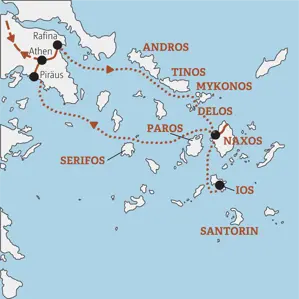 Reiseroute der Gruppenreise für junge Leute in Griechenland: von Athen über die Kykladen-Inseln Naxos und Ios und zurück.