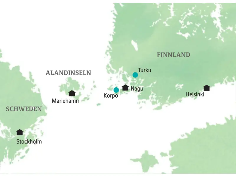 Reiseroute der Kleingruppenreise von Stockholm in Schweden über die Alandinseln nach Turku und Helsinki in Finnland.