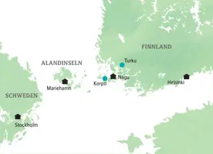 Reiseroute der Kleingruppenreise von Stockholm in Schweden über die Alandinseln nach Turku und Helsinki in Finnland.