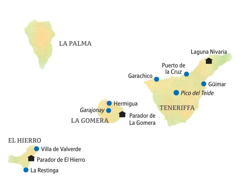Karte der smart & small Kleingruppenreise auf den Kanaren. Die Reiseroute führt über die Inseln Teneriffa, El Hierro und La Gomera.