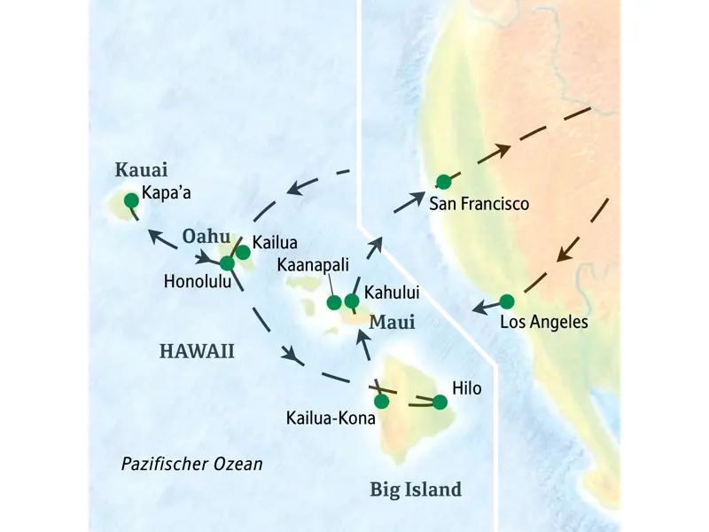 Karte der Studienreise nach Hawaii, die die Route über die Inseln Oahu mit Honolulu, Kauai, Big Island und Maui zeigt.