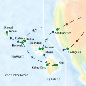 Karte der Studienreise nach Hawaii, die die Route über die Inseln Oahu mit Honolulu, Kauai, Big Island und Maui zeigt.