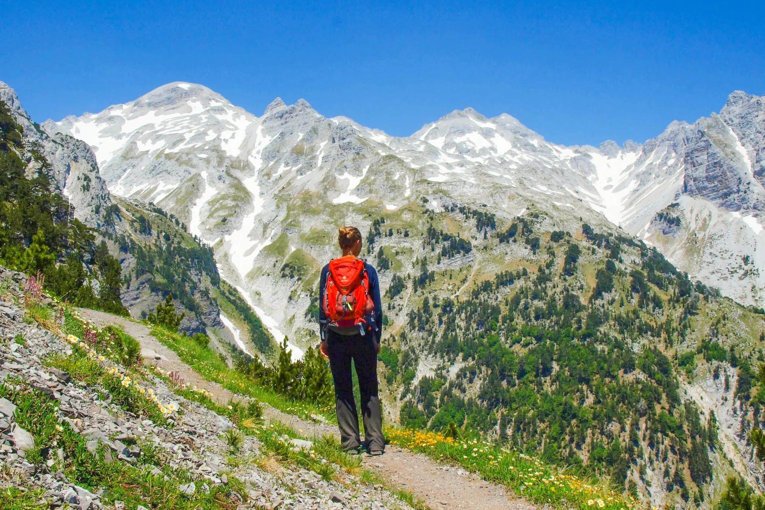 Ein Wanderer mit rotem Rucksack blickt von einem Pfad auf die majestätischen, schneebedeckten Gipfel der albanischen Alpen im Valbona-Tal.