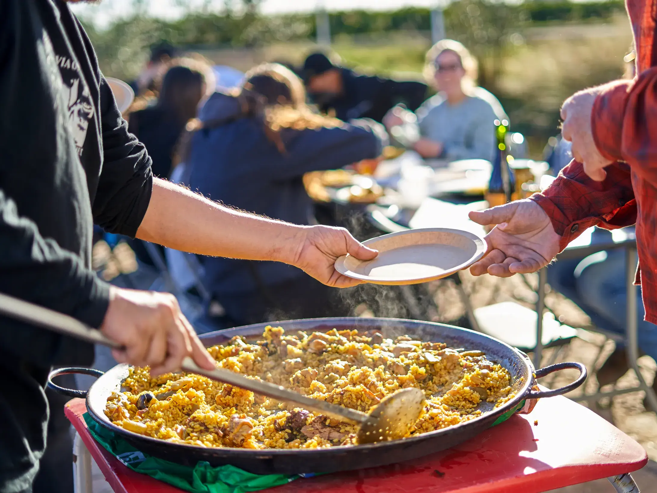 Traditionelle Paella wird aus einer großen Pfanne an eine Reisegruppe im sonnigen Naturpark Albufera in Valencia serviert.