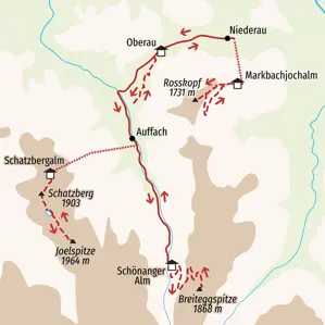Karte der Schneeschuhwanderungen in der Wildschönau mit Touren zum Rosskopf, zur Breiteggspitze, zum Schatzberg und zur Joelspitze.