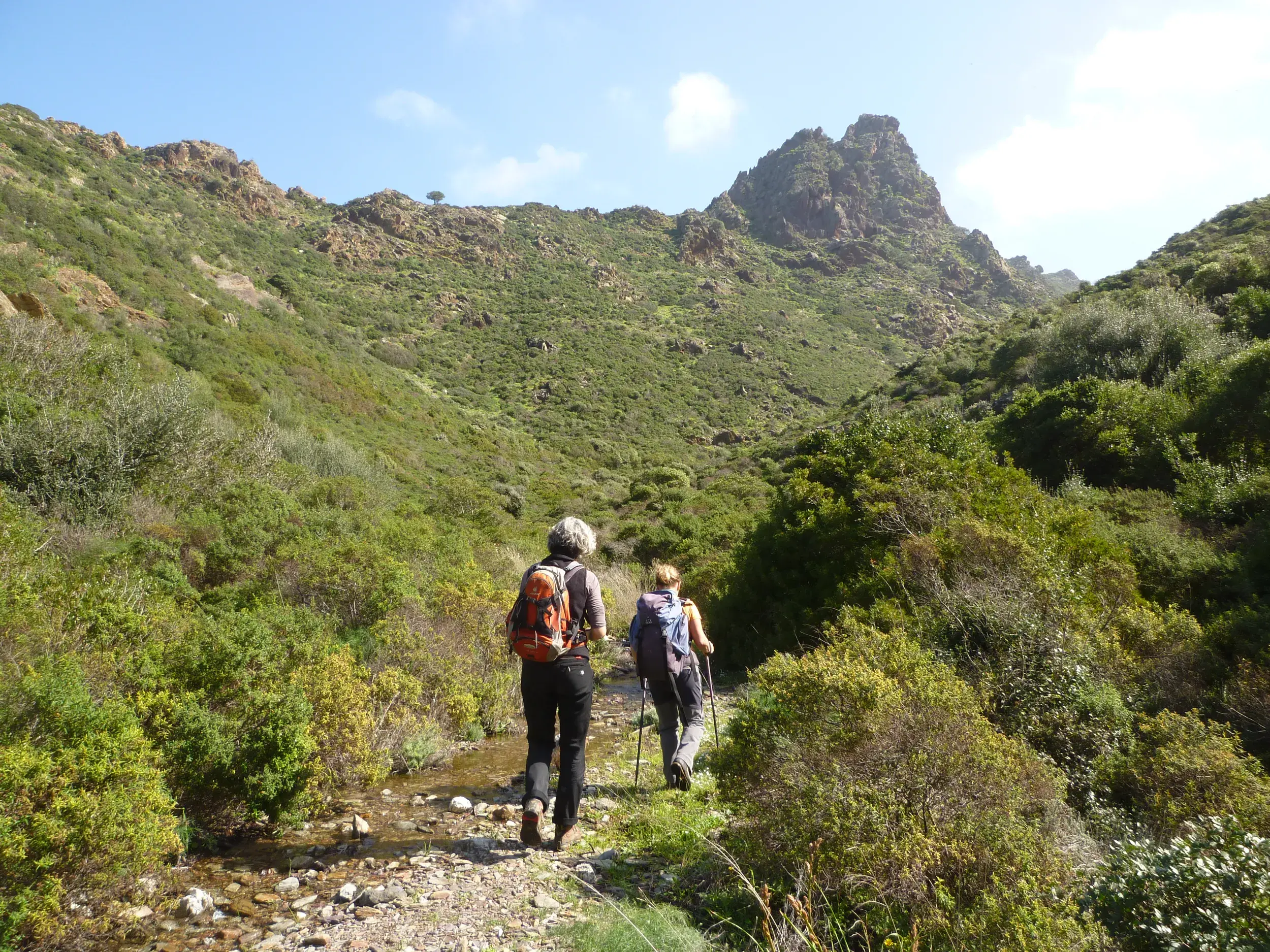 Zwei Wanderer auf einem steinigen Pfad durch die üppig grüne Berglandschaft des Naturschutzgebiets I Sette Fratelli auf Sardinien.