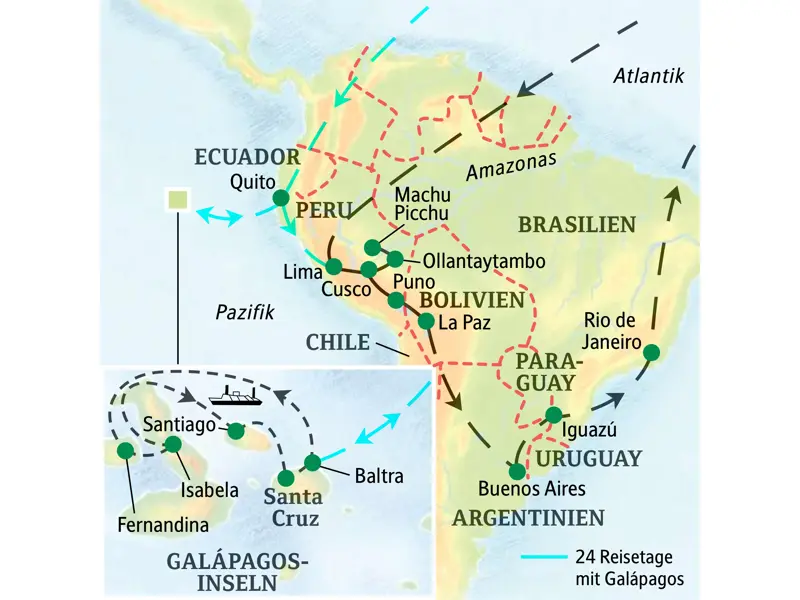 Routenverlauf der geführten Rundreise durch Südamerika von Lima über Machu Picchu, La Paz, Buenos Aires, Iguazú bis nach Rio.