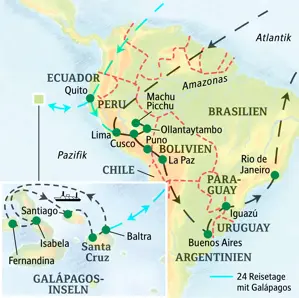 Routenverlauf der geführten Rundreise durch Südamerika von Lima über Machu Picchu, La Paz, Buenos Aires, Iguazú bis nach Rio.