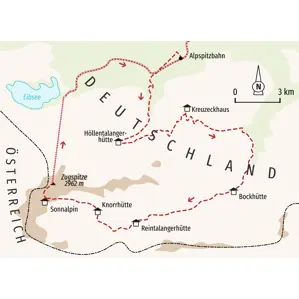 Karte der Trekkingtour auf die Zugspitze. Die Route führt von der Alpspitzbahn über Kreuzeckhaus und Reintalangerhütte zum Gipfel.