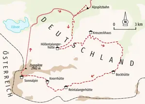 Karte der Hauser Hüttenwanderung zur Zugspitze. Route von der Alpspitzbahn über das Kreuzeckhaus und die Reintalangerhütte zum Gipfel.